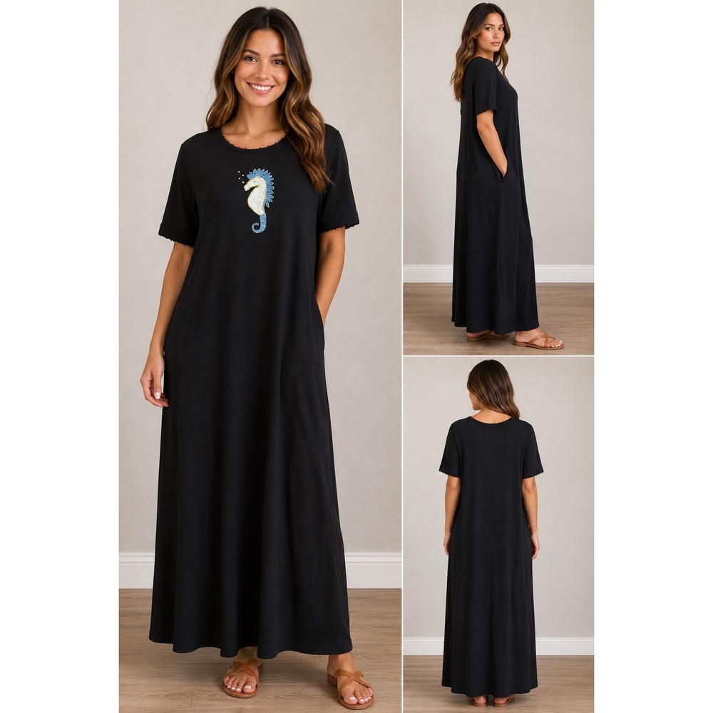 NWT Quacker Factory Black Seahorse Sequin Bead Maxi‎ Dress Novelty Jersey Knit